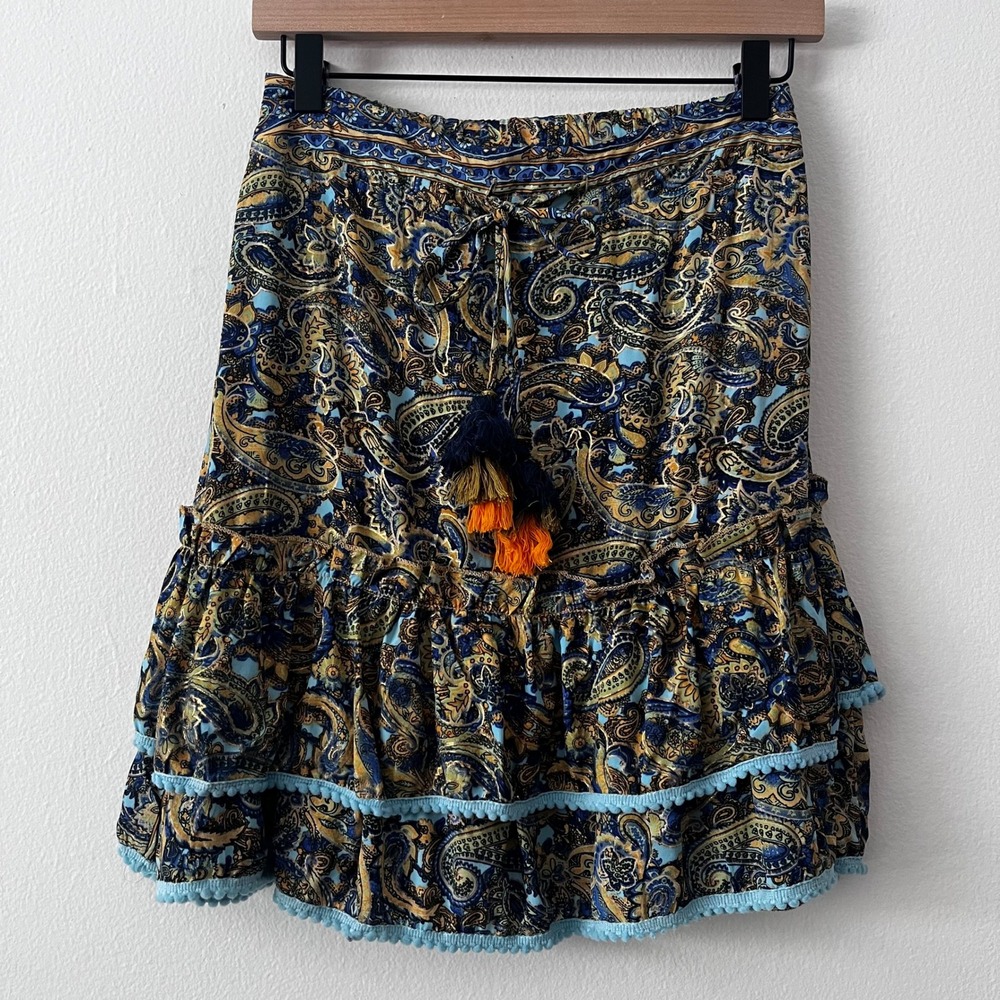Anisa‎ Pull On Ruffle Hem Paisley Mini Skirt Tie Waist Blue Tan Gold size M/L
